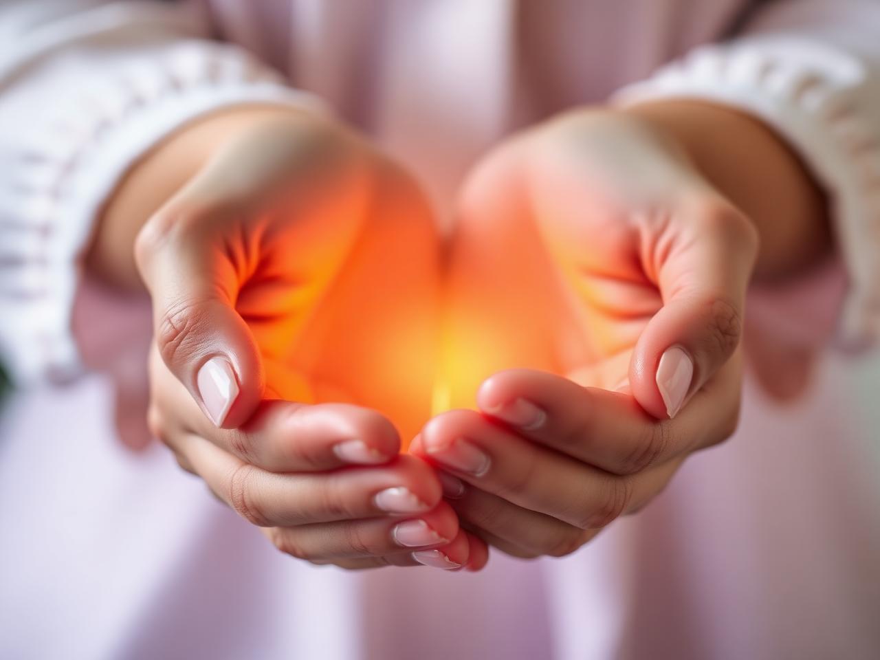 Soft glowing healing energy held between cupped hands