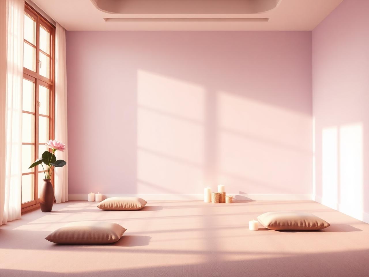 Soft, light-filled meditation room with cushions, candles and a lotus